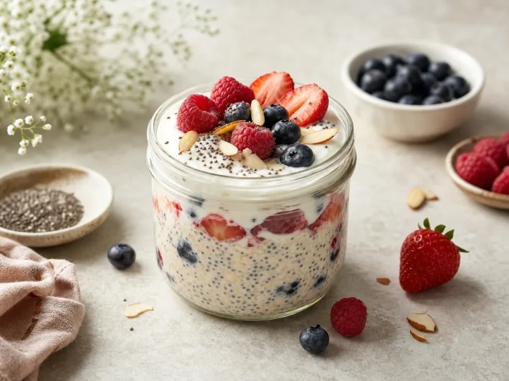 Berry chia overnight oats topped with Greek yogurt, berries, almonds, and chia seeds