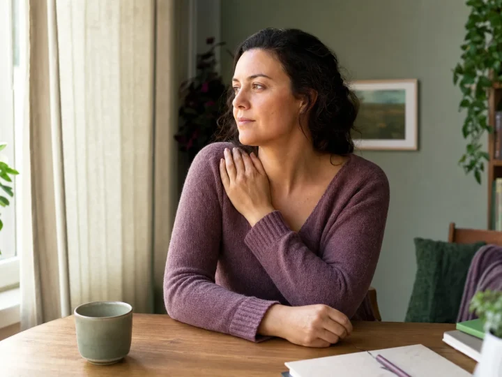 A woman gently holding her shoulder while sitting comfortably at home