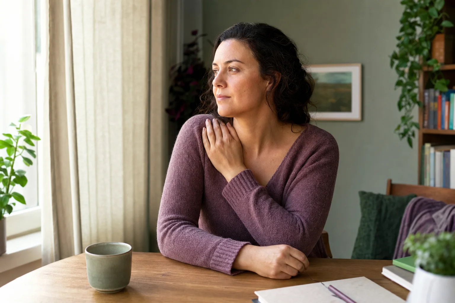 A woman gently holding her shoulder while sitting comfortably at home