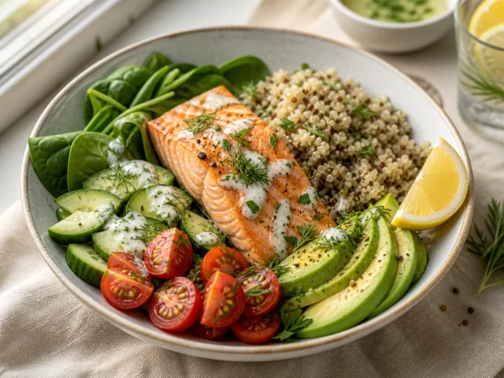 Lemon herb salmon quinoa bowl with spinach, cucumber, tomatoes, avocado, and yogurt dressing
