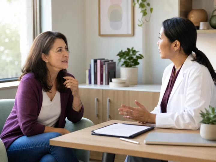 A woman discussing menopause treatment options with a clinician in a calm consultation room