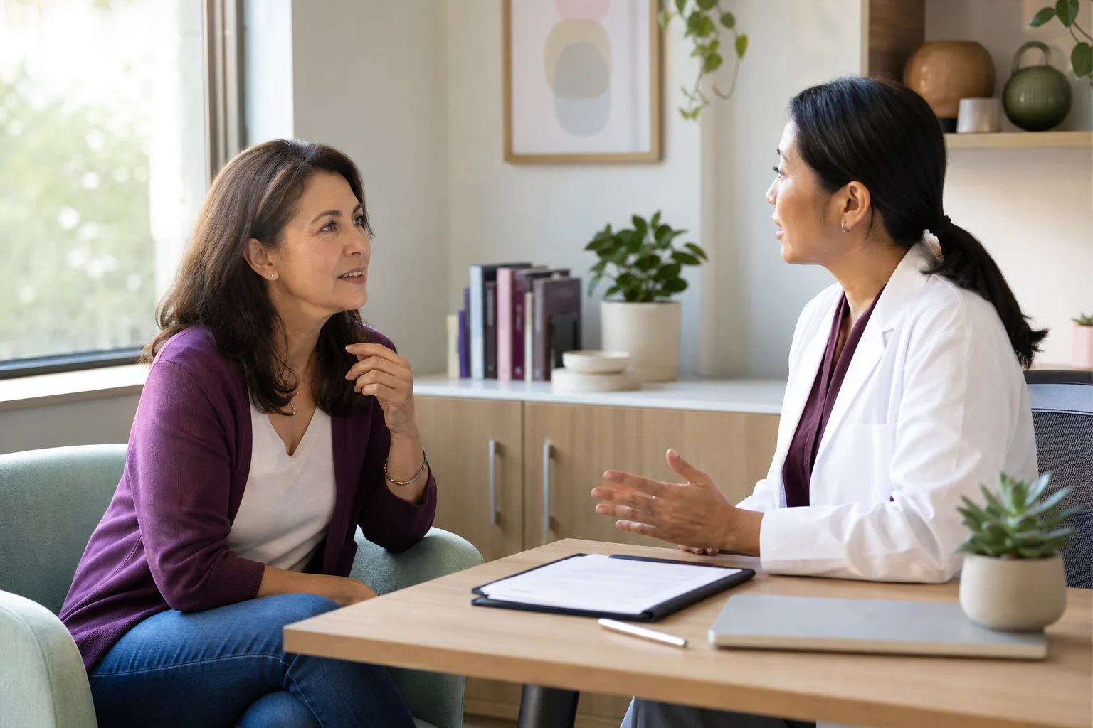 A woman discussing menopause treatment options with a clinician in a calm consultation room