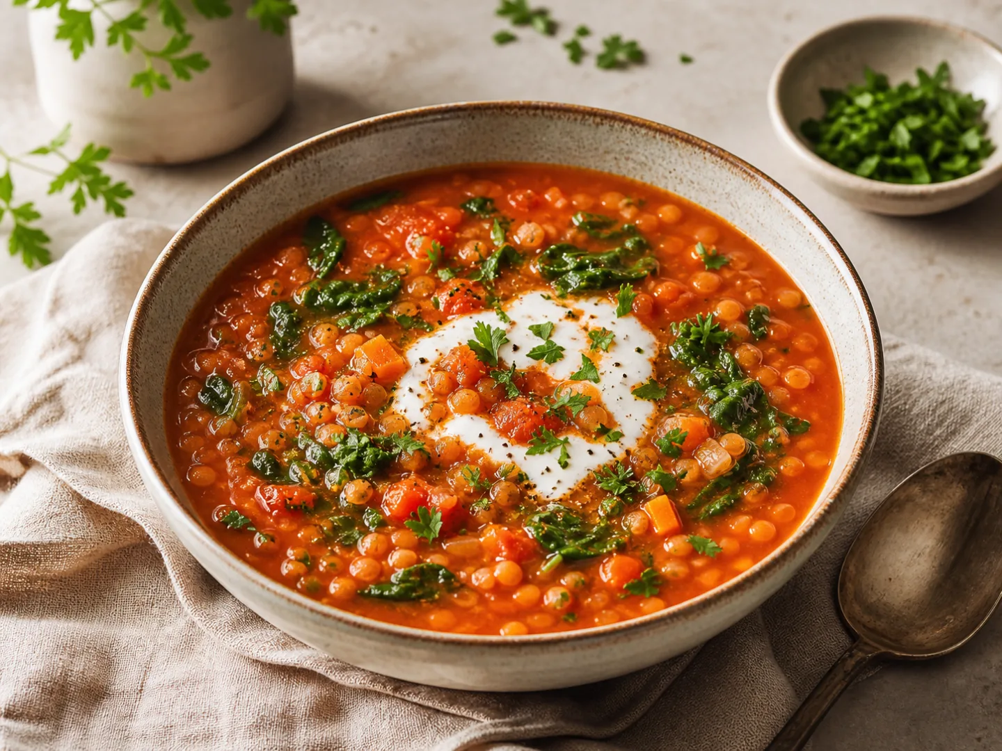 Red Lentil Tomato Spinach Soup