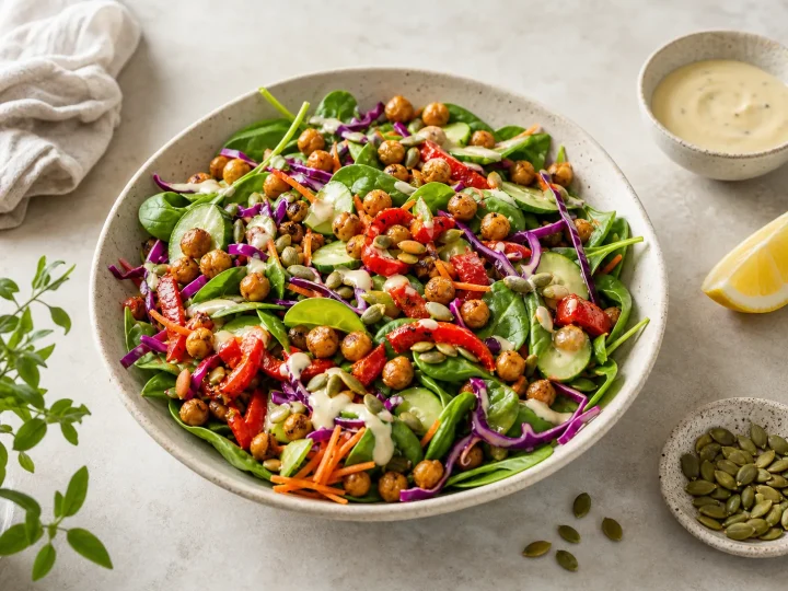 Roasted chickpea and spinach salad with colorful vegetables, pumpkin seeds, and tahini dressing