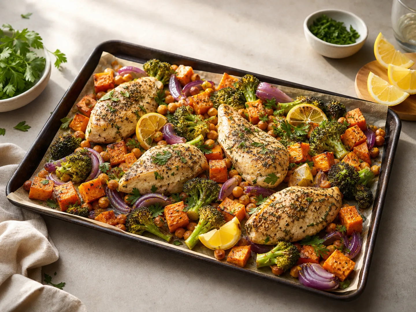 Sheet-Pan Lemon Herb Chicken, Sweet Potato and Broccoli