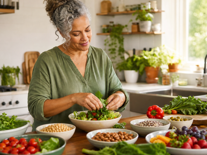 A midlife woman preparing a plant-forward meal with vegetables, beans and whole grains