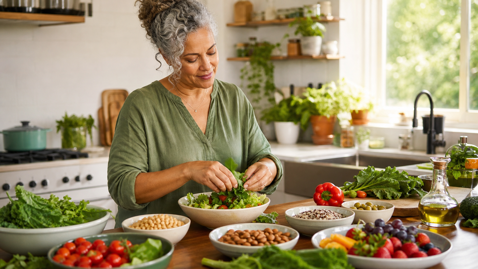A midlife woman preparing a plant-forward meal with vegetables, beans and whole grains